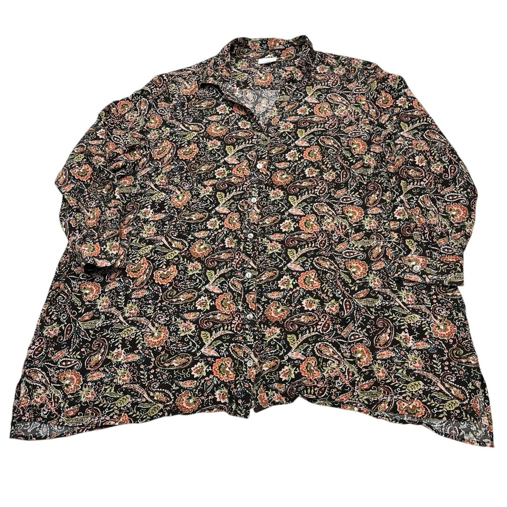 J Jill Top Womens 2X Dark Floral Button Down Chiffon Lightweight Blouse Office
